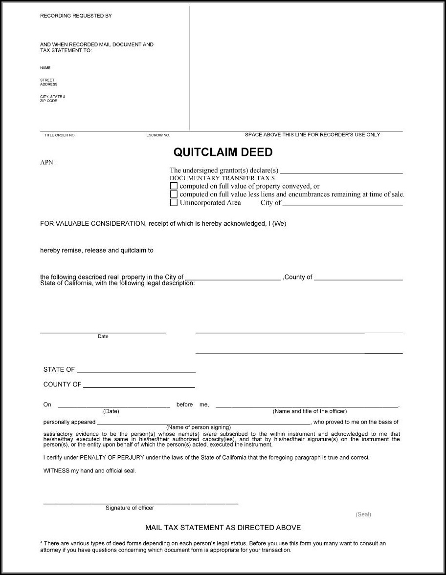 Printable Quick Claim Deed Form