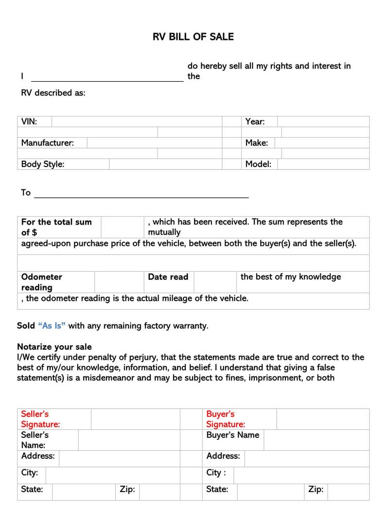 Printable Blank Bill Of Sale For Motorhome Printable Blank Bill Of Sale For Motorhome