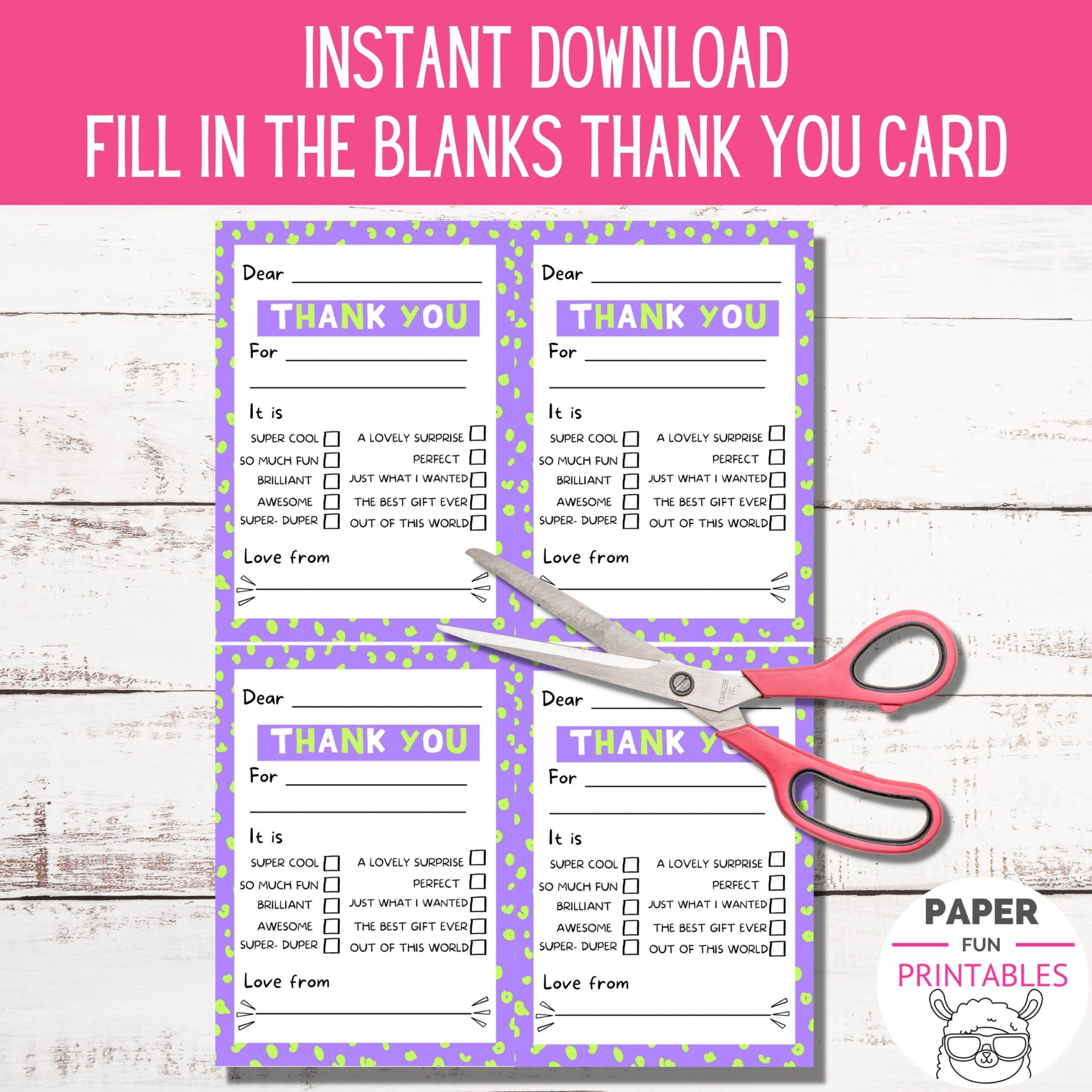 PRINTABLE Thank You Cards For Kids Fill In The Blanks Thank You Card 