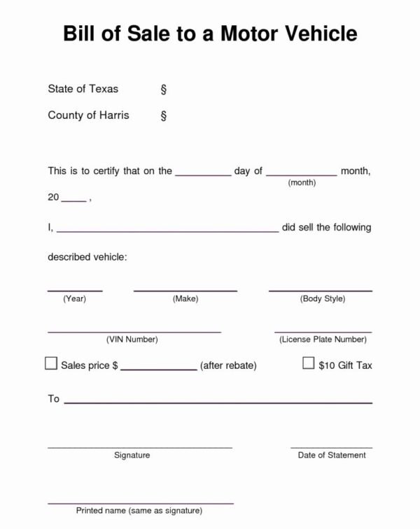 Printable Blank Vehicle Bill Of Sale Form