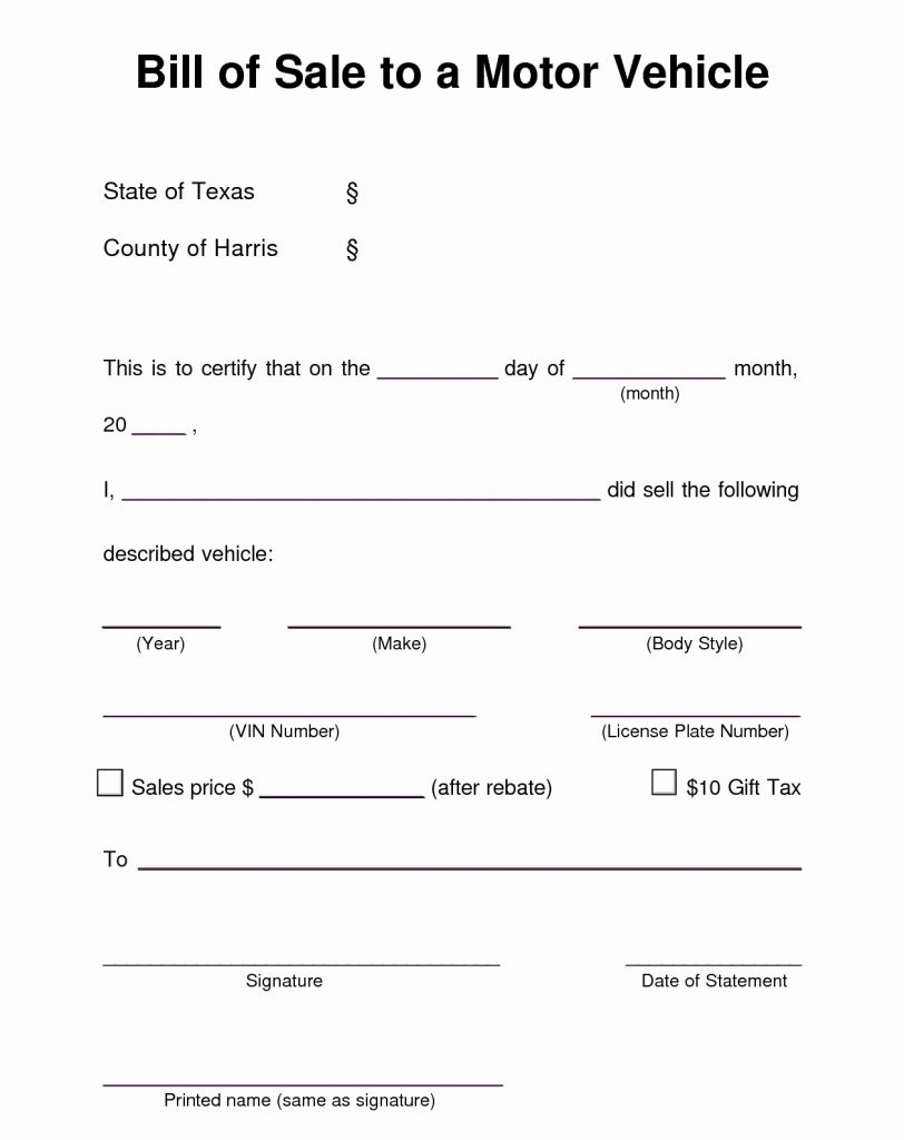 Printable Vehicle Bill Of Sale Template Word
