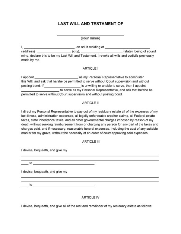 Free Printable Blank Last Will And Testament