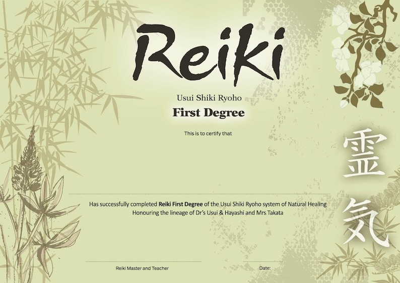Reiki One Certificate Template I Reiki Spiritual Teacher Master Course 