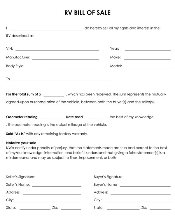 RV Bill Of Sale RV Bill Of Sale