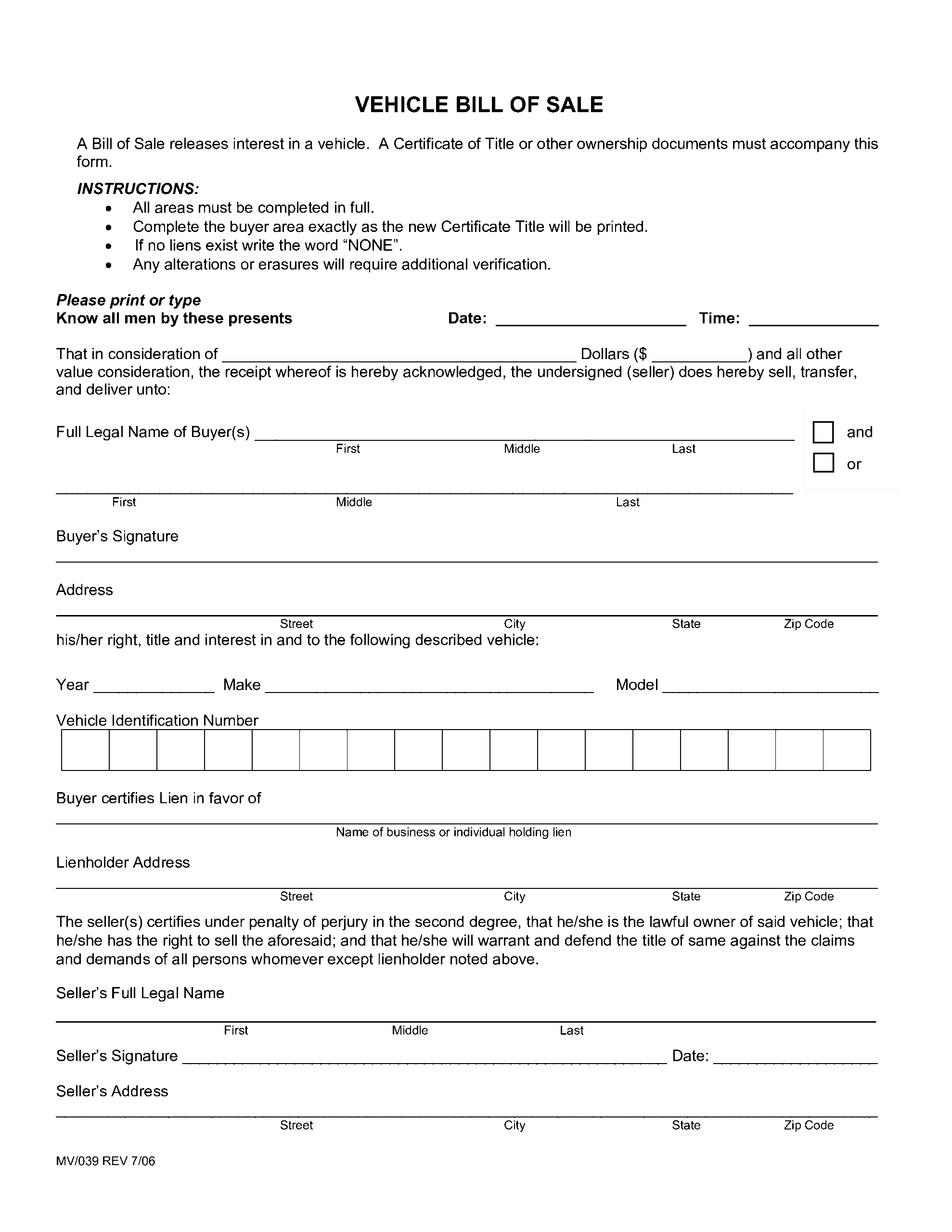 Sample Blank Printable Bill Of Sale For Car In PDF Word
