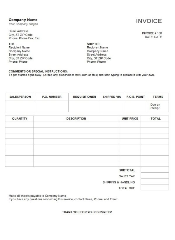 Image Of Blank Printable Shipping Invoice