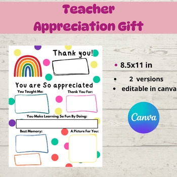 Teacher Appreciation Gift Fill In Blank Printable Thank You For Teacher