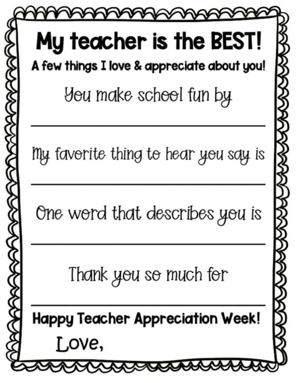 Teacher Appreciation Fill In The Blank Printable