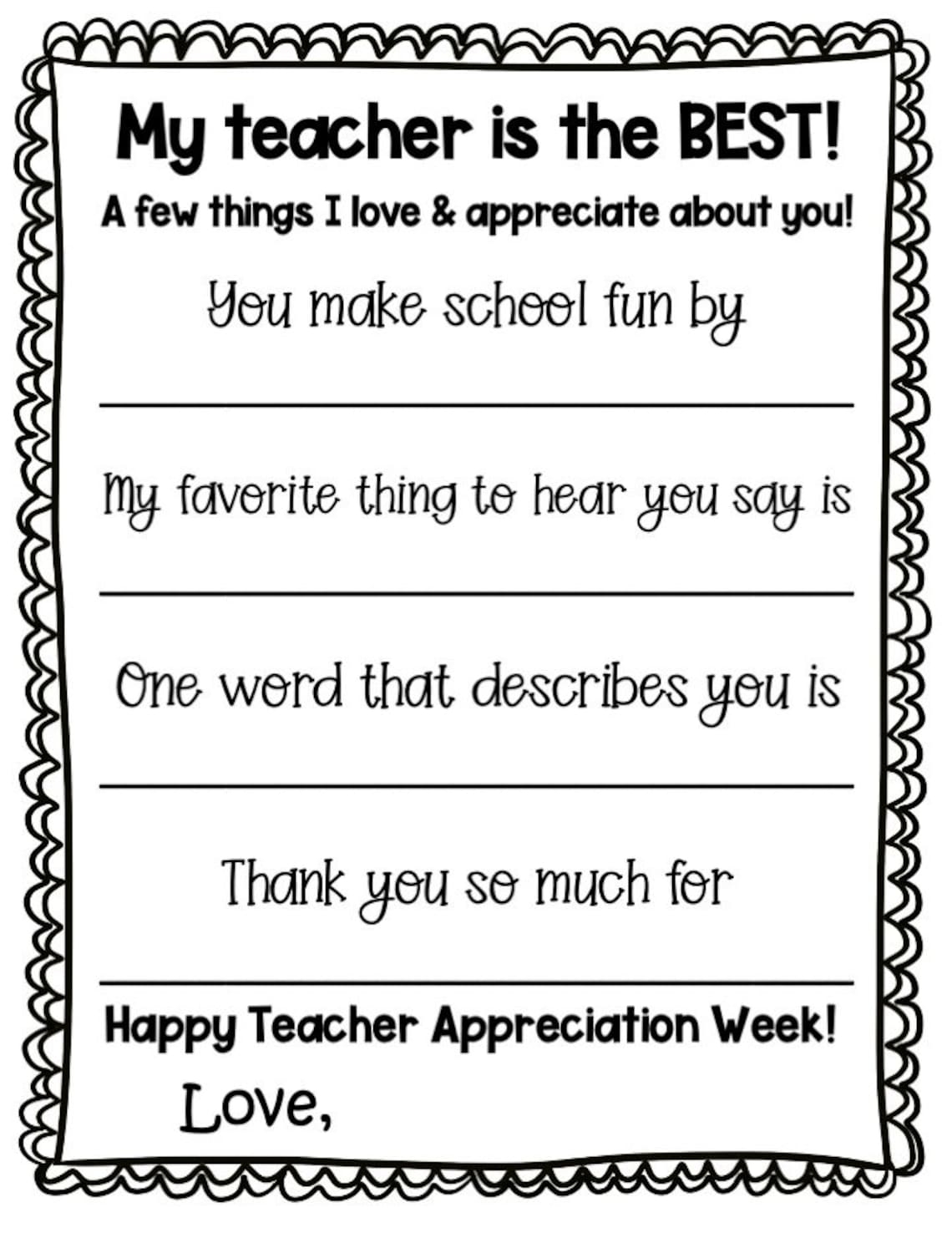 Teacher Appreciation Printable Teacher Fill In The Blank My Teacher 