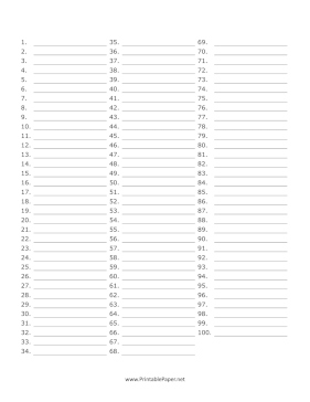 TemplateVault Printable 100 Item Numbered List