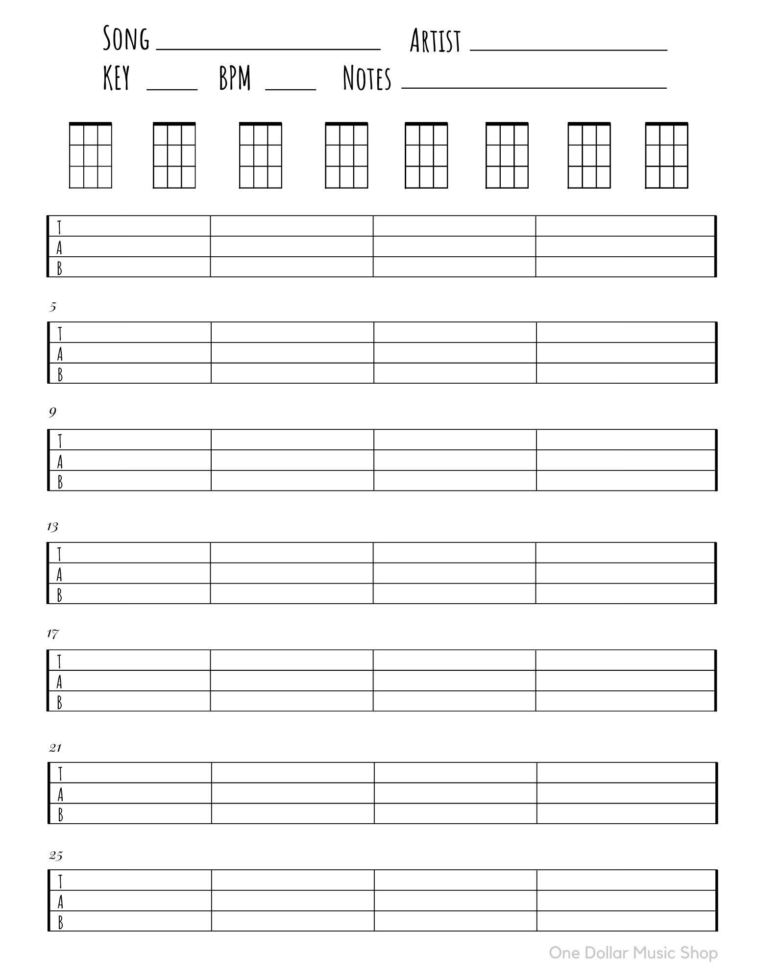 Ukulele Blank Tabs Chords Chart Instant Download Blank Sheet Music 