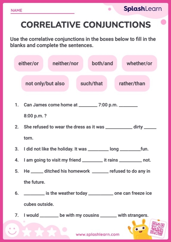 Use The Correlative Conjunctions Correctly Worksheet Printable 