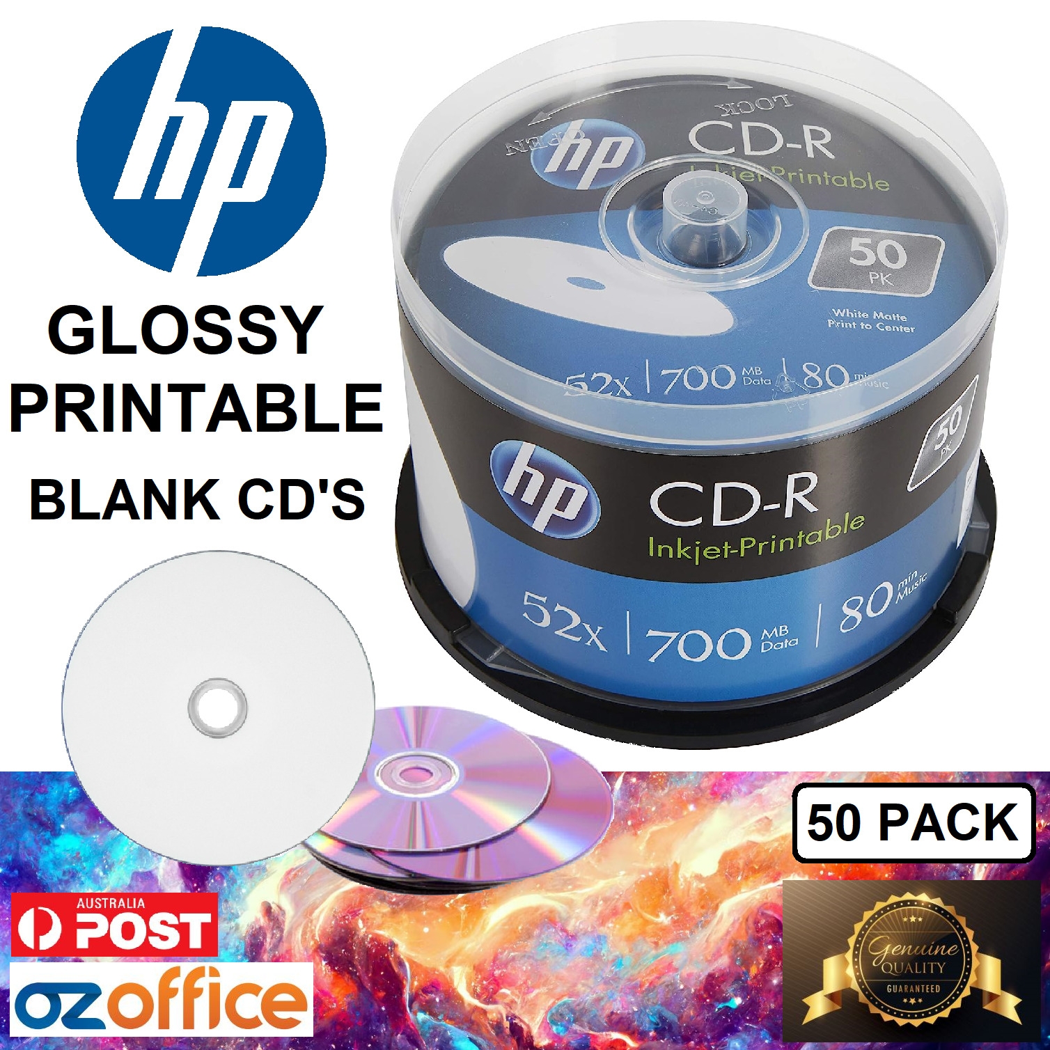 Used PREMIUM 50 X HP CD R GLOSSY Printable CD Discs 52X 80mins Blank 