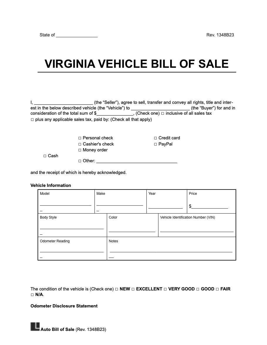 Blank Printable Automobile Bill Of Sale