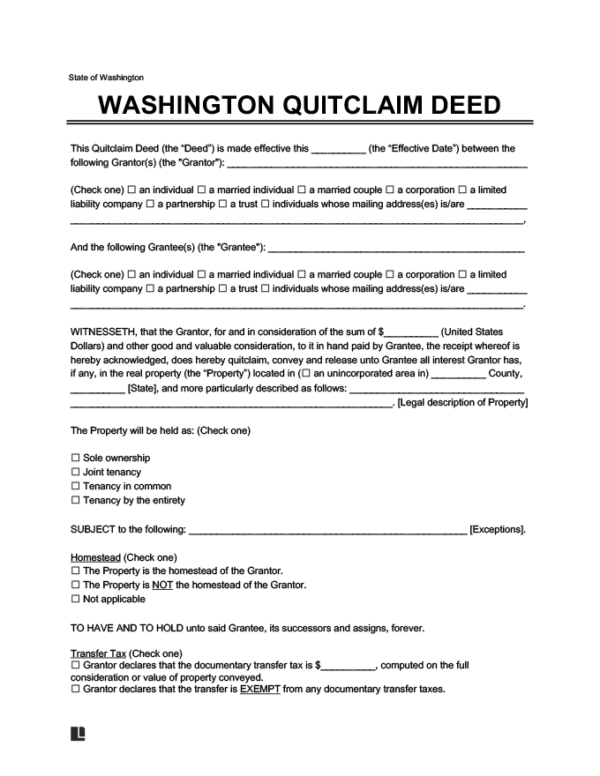 Quit Claim Deed Blank Washington State Printable