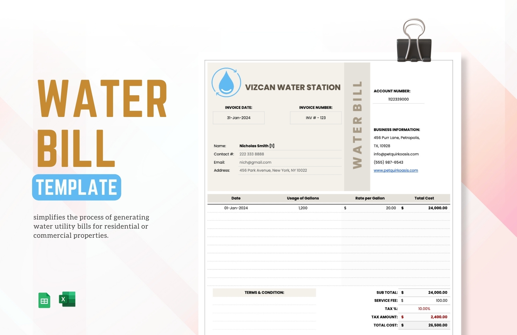 Water Bill Template In Excel Google Sheets Download Template