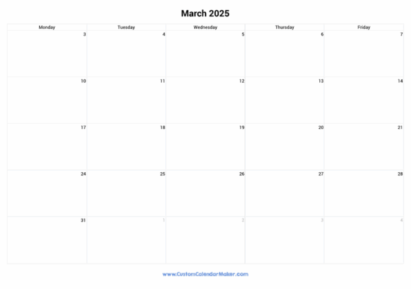 Blank Calendar March 2025 Printable Weekdays Only