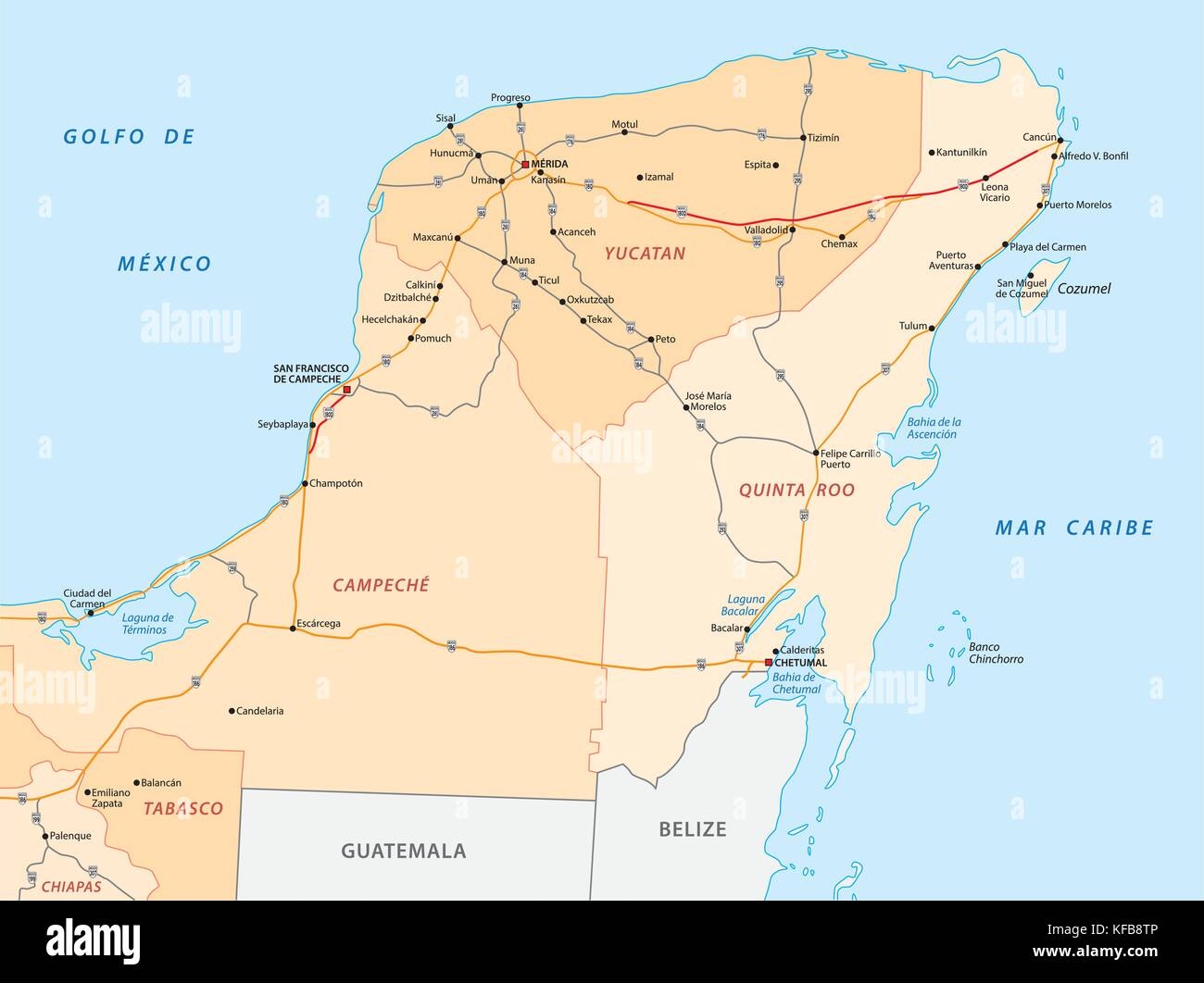 Yucatan Peninsula Road Map Stock Vector Image Art Alamy