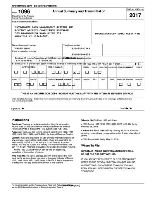 Printable 1096 Tax Form Printable 1096 Tax Form