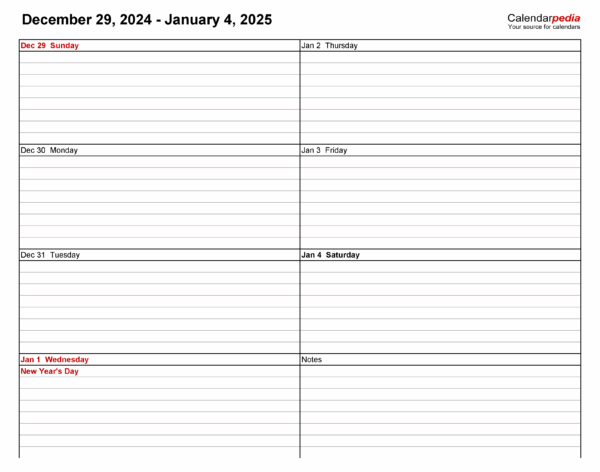 Weekly Calendar 2025 Printable