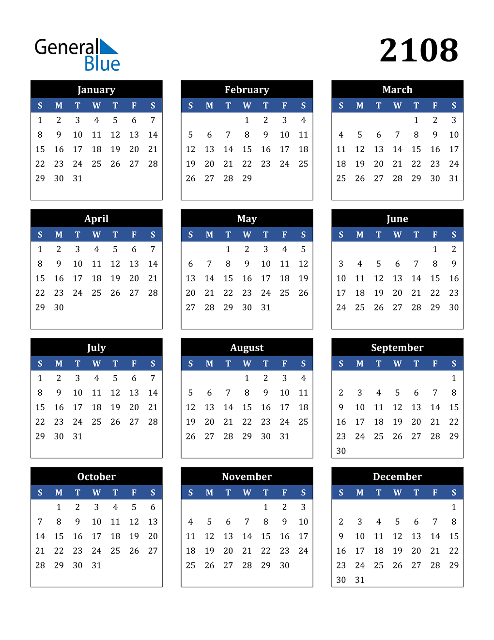 2108 Calendar PDF Word Excel 