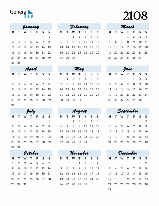 2108 Yearly Calendar Templates With Monday Start