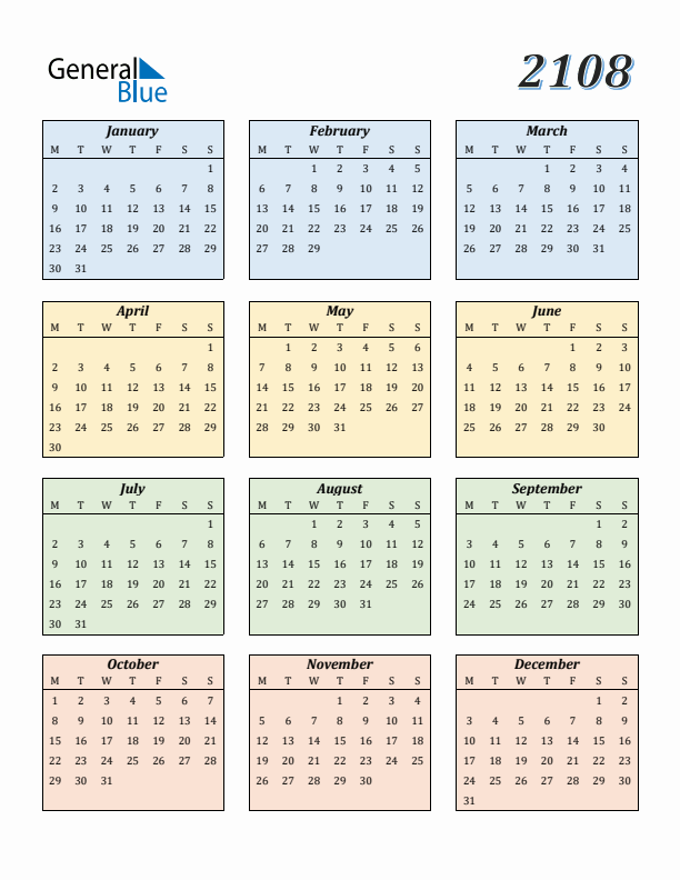 2108 Yearly Calendar Templates With Monday Start