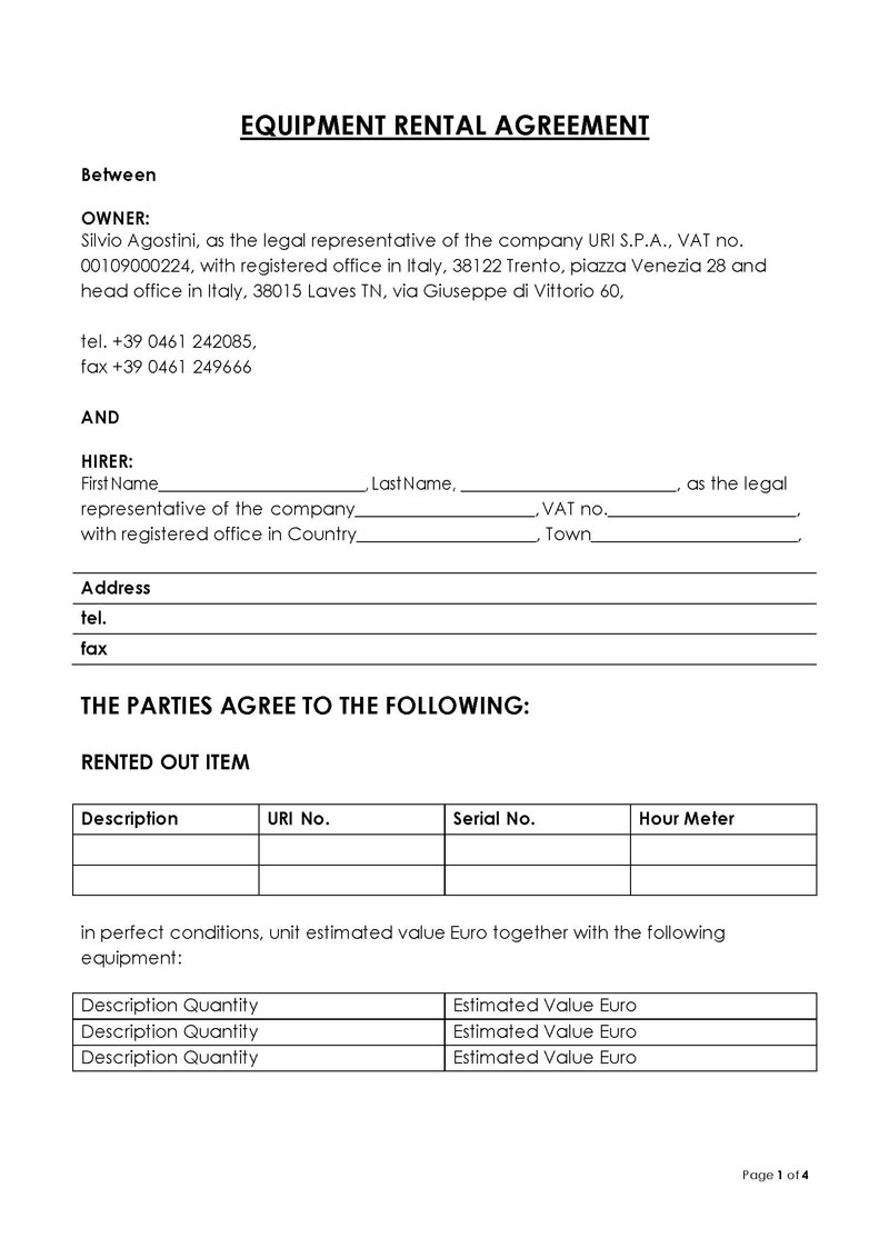 24 Free Equipment Rental Agreement Forms Editable Template 