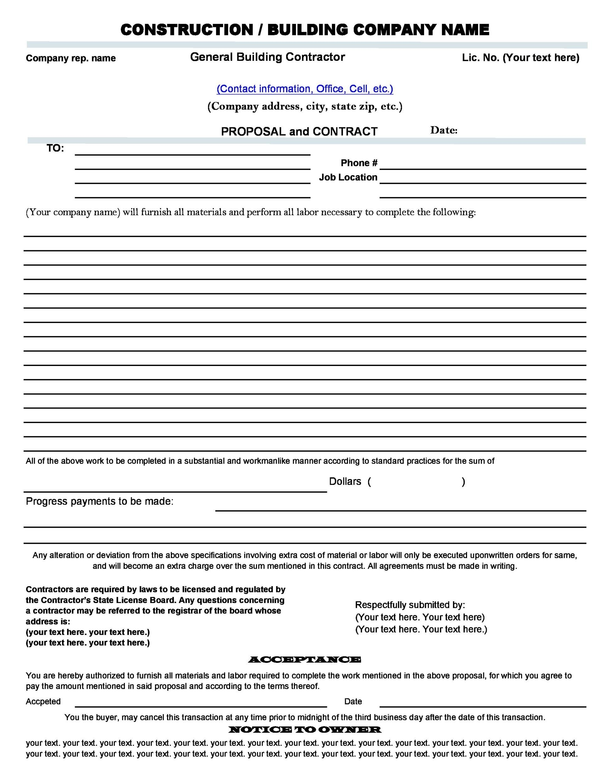 31 Construction Proposal Template Construction Bid Forms