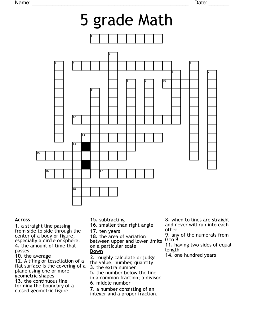 5 Grade Math Crossword WordMint