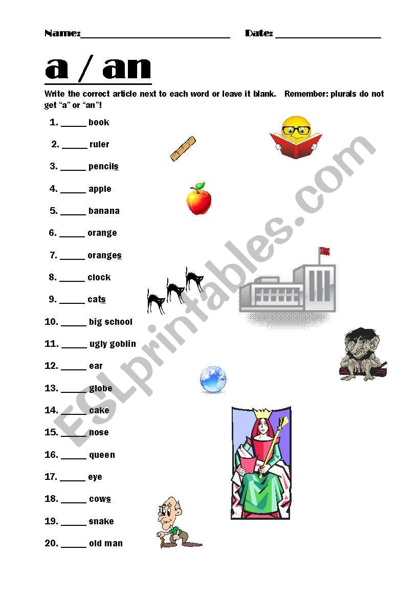 A an Worksheet Indefinite Articles ESL Worksheet By Ideliquesce