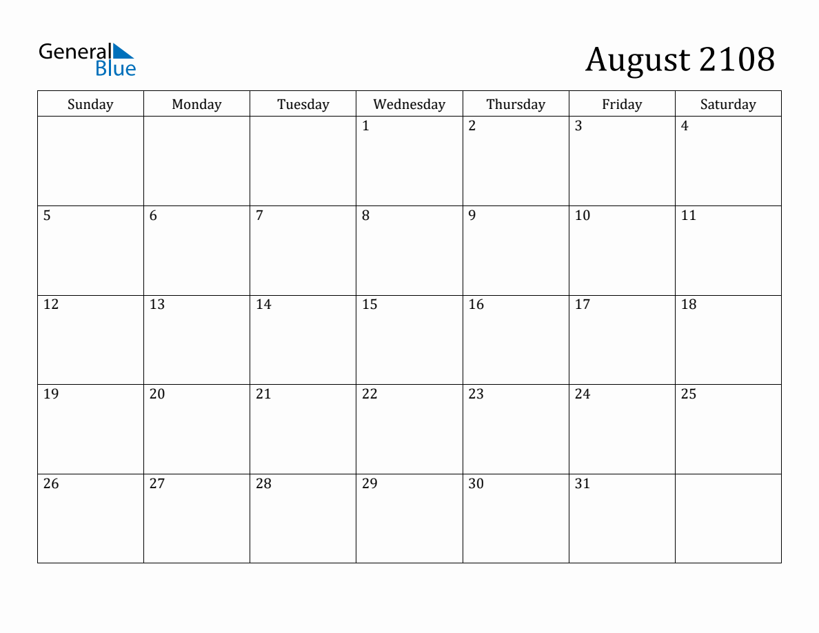 August 2108 Monthly Calendar