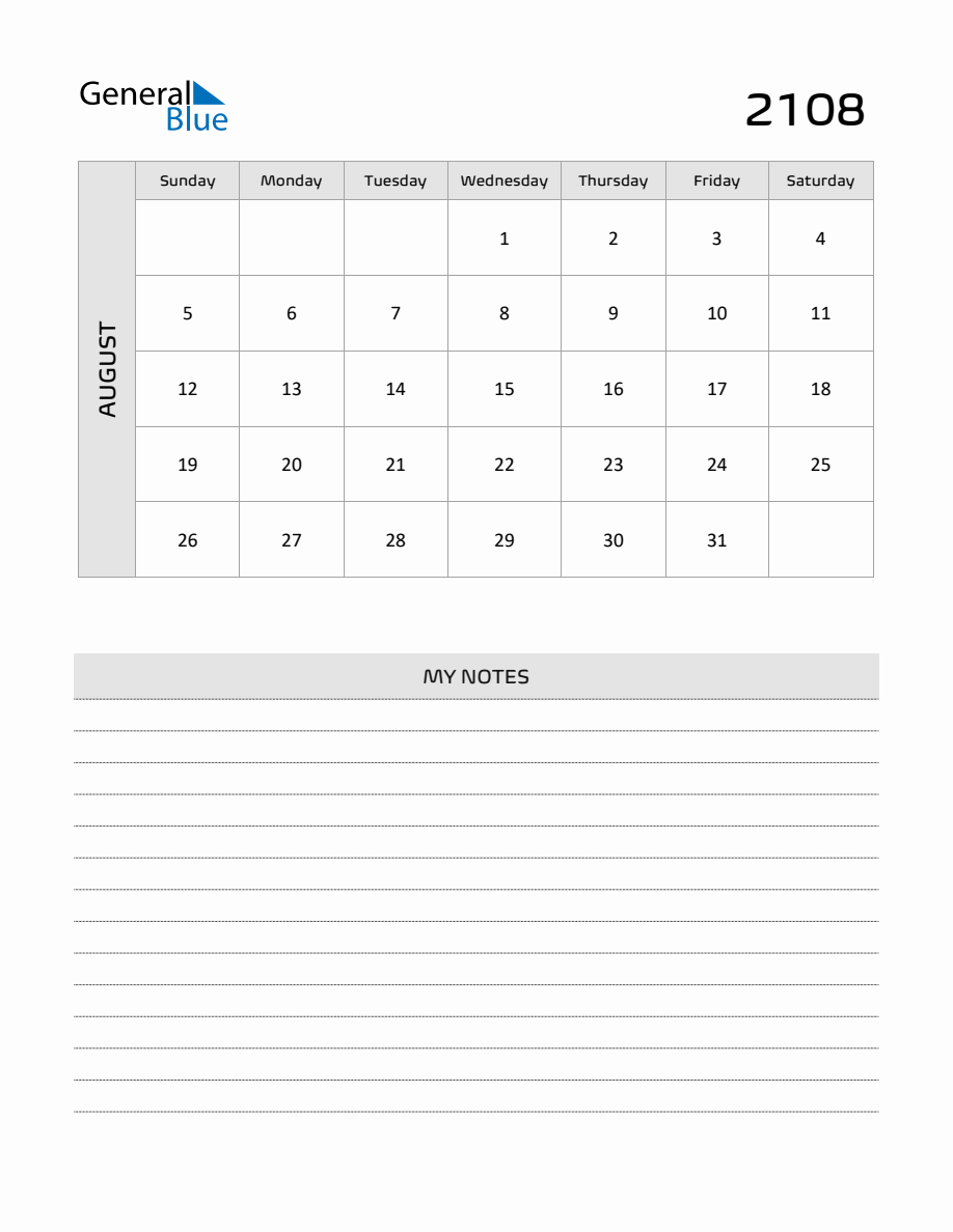 August 2108 Printable Monthly Calendar With Notes