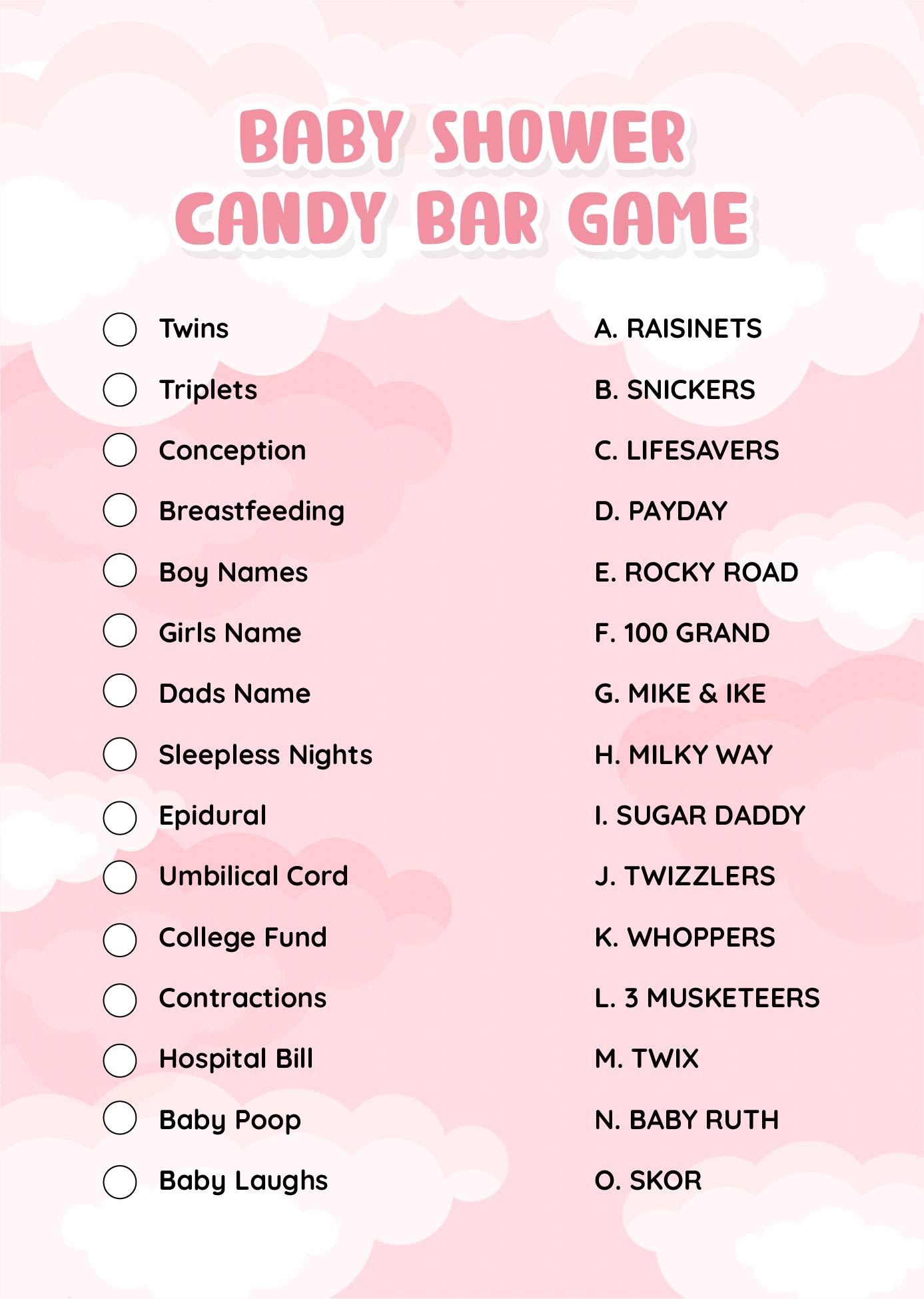 Candy Bar Baby Shower Game Free Printable