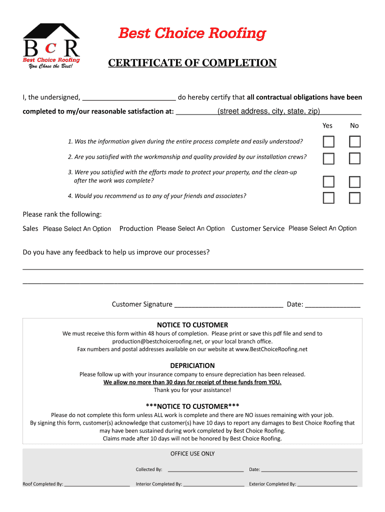 Best Choice Roofing Certificate Of Completion Fill And Sign Printable 