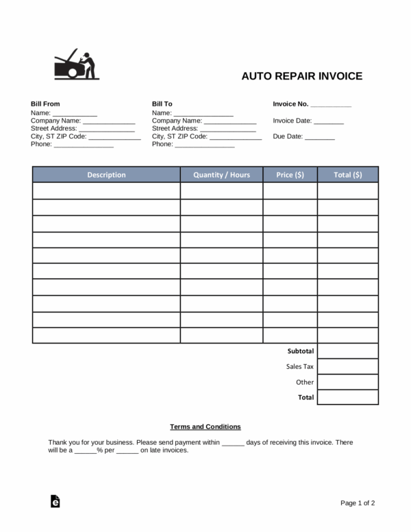 Free Printable Auto Repair Invoice