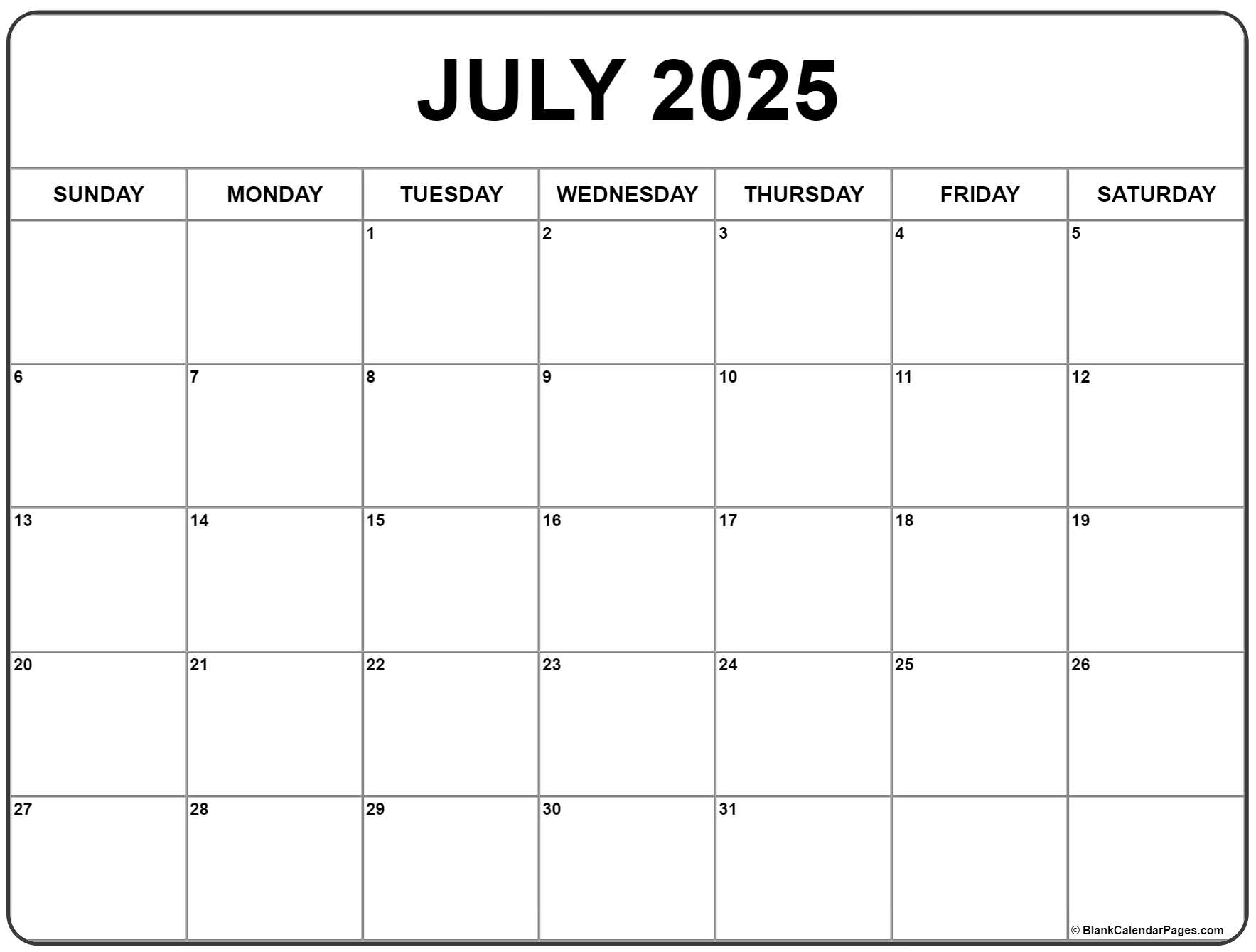Calendar July 2025 Printable Free Monthly Donald Bradford