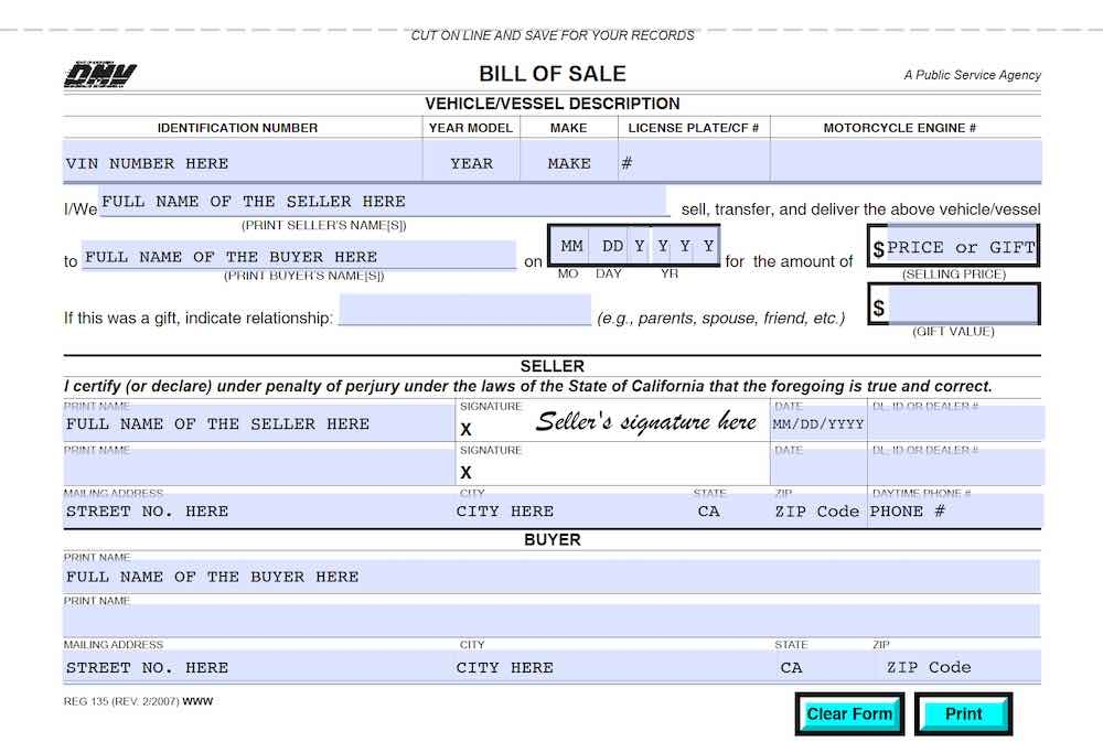California Bill Of Sale Form DMV CA Information