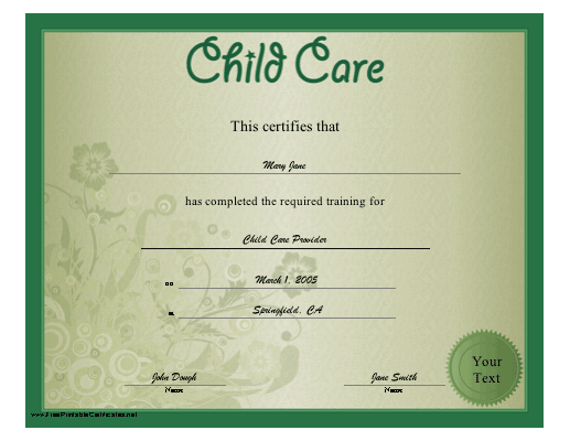 Child Care Certificate Printable Certificate