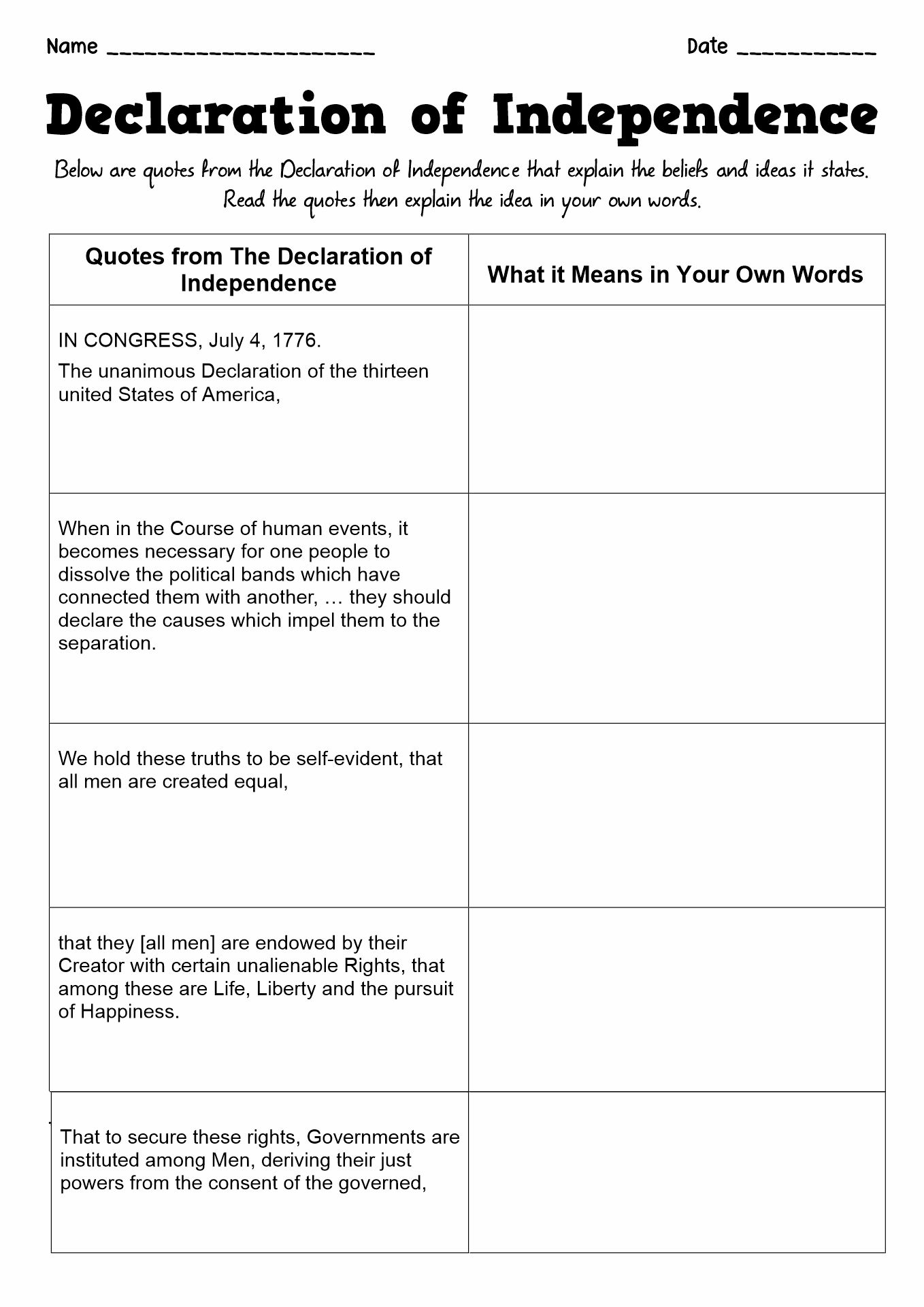 Declaration Of Independence Worksheet Declaration Of Indepen