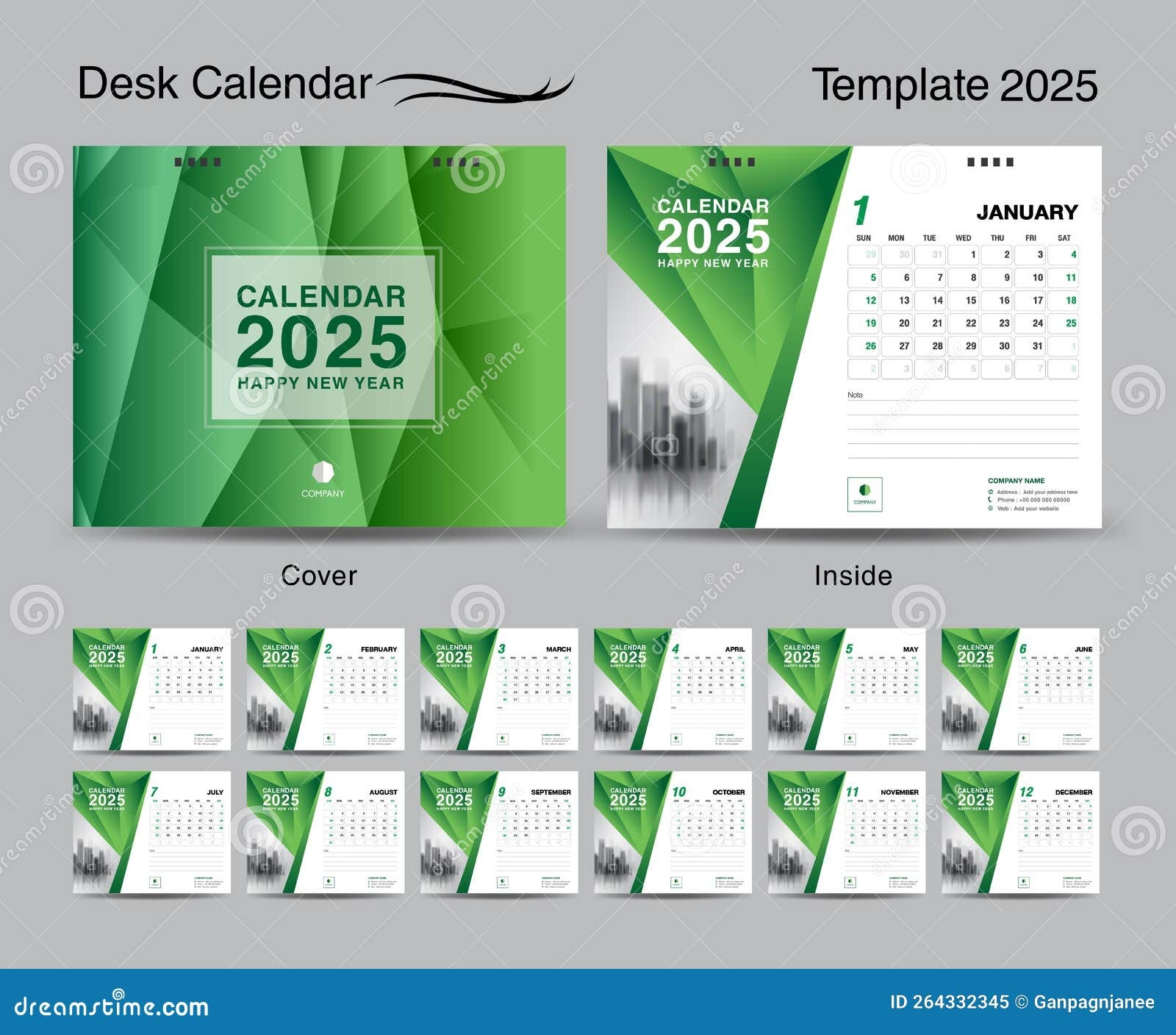 Desk Calendar 2025 Template Set And Polygon Green Cover Design Set Of 