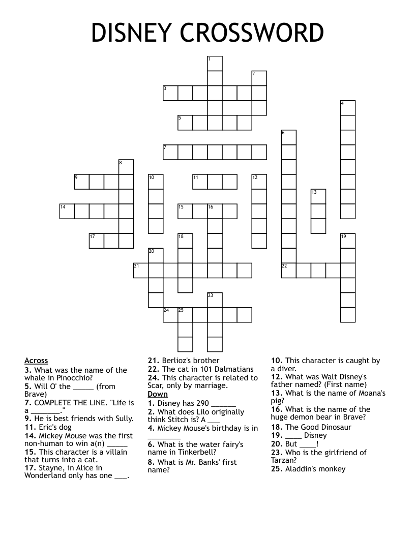 Disney Crossword Puzzles Printable Disney Crossword Puzzles Printable