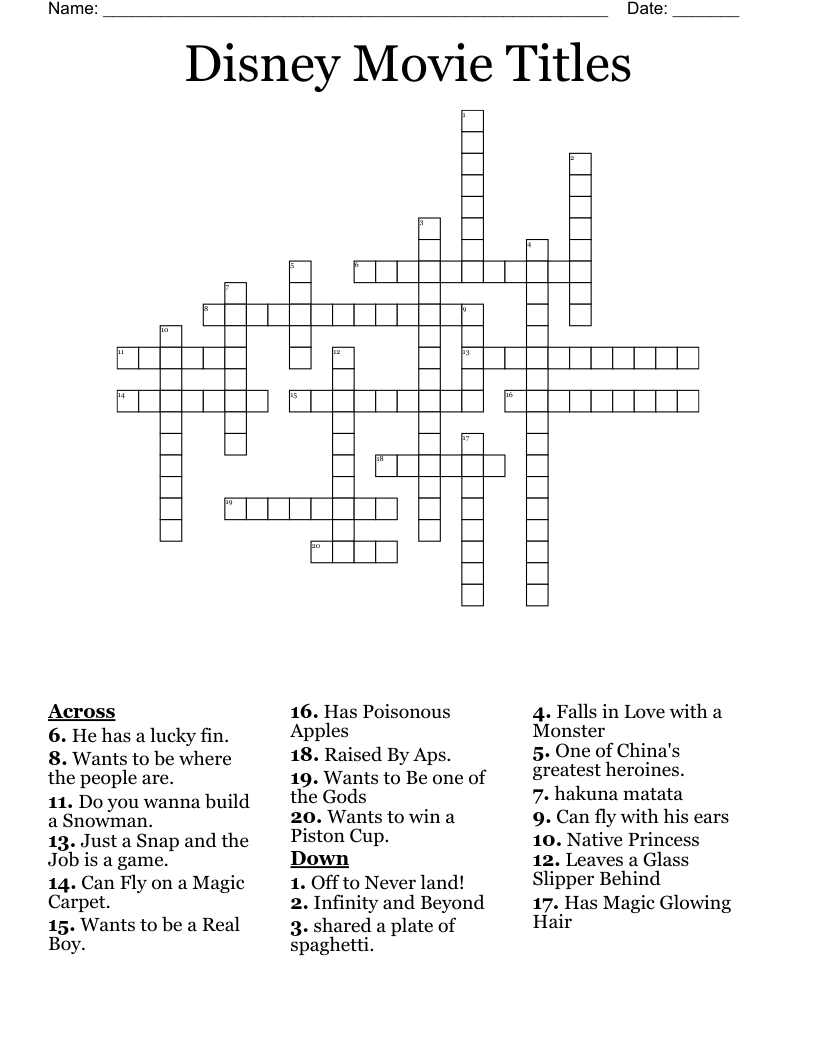 Disney Movies Crossword Puzzles Printable Disney Movies Crossword Puzzles Printable