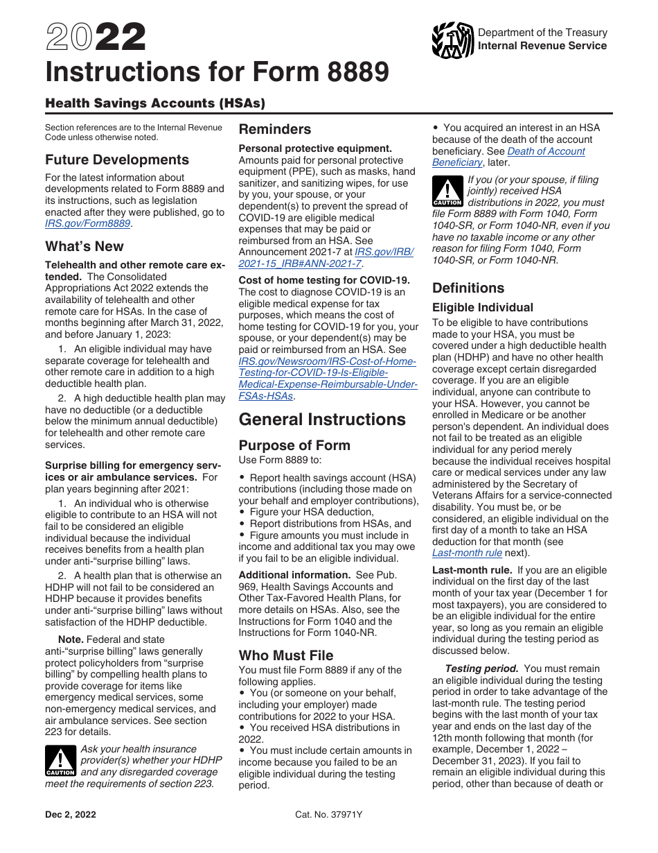 Download Instructions For IRS Form 8889 Health Savings Accounts Hsas 