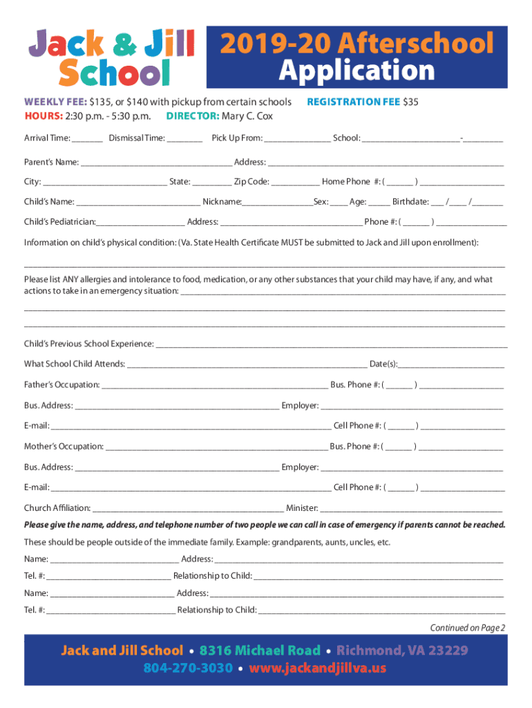 Fillable Online 2019 20 Afterschool Application Jackandjillva us Fax 