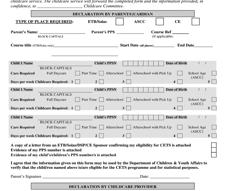 Fillable Online Childcareonline Application And Declaration Form