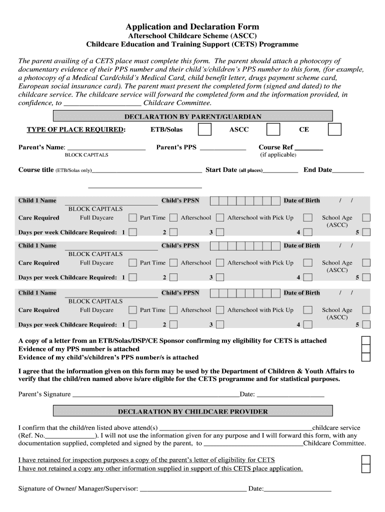 Fillable Online Childcareonline Application And Declaration Form 
