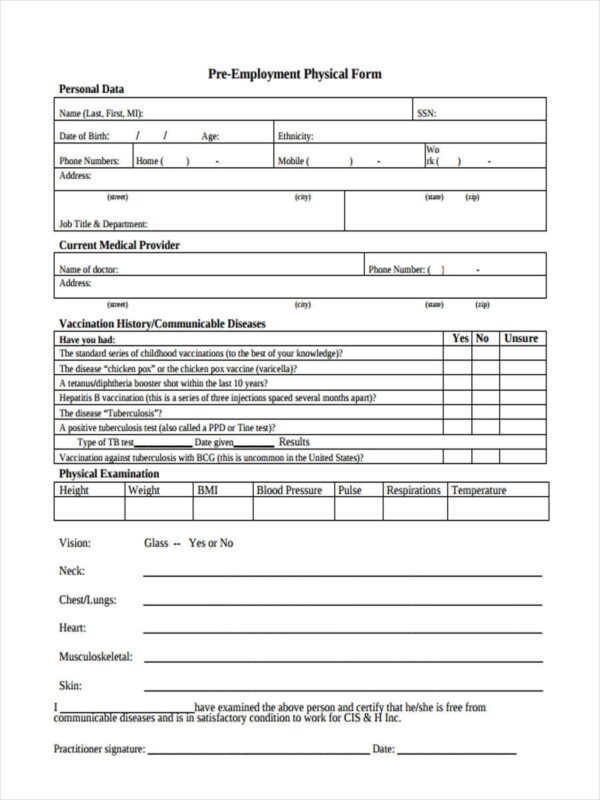 One Page Printable Medical Physical Forms
