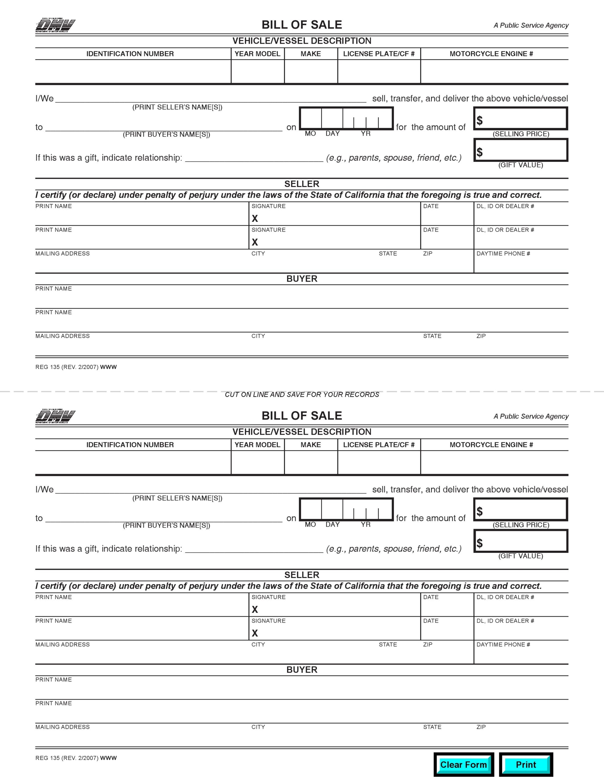 Free California DMV Bill Of Sale Form PDF DOCX
