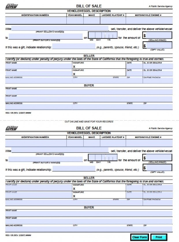 Free California DMV Bill Of Sale REG 135 Vehicle Boat Form PDF 